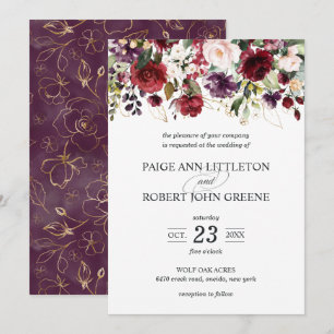 Invitación Flores de la caída en rojo, púrpura y casarse de