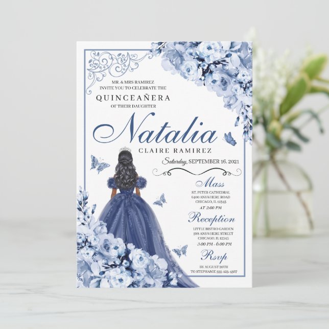 Invitación Flores de la Marina Azul agitadas Tiara Quinceañer (Anverso de pie)