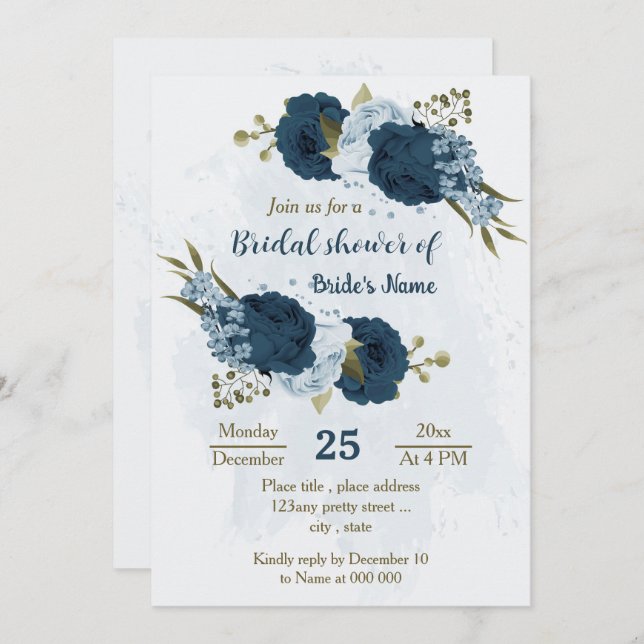 Invitación flores de la marina azul claro ducha de novia botá (Anverso / Reverso)