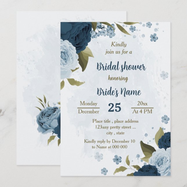 Invitación flores de la marina azul claro ducha de novia botá (Anverso / Reverso)