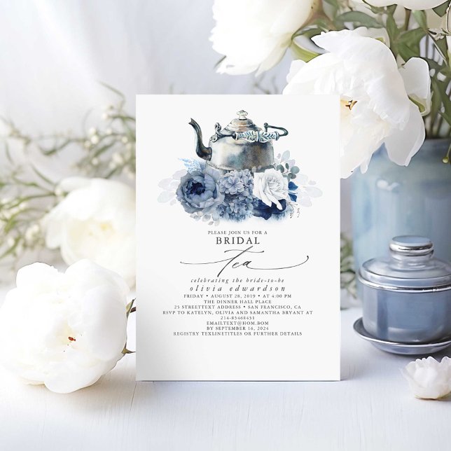 Invitación Flores de la Marina Azul turbia elegante té de duc (Bridal Shower Tea Party Dusty Blue Invitations)
