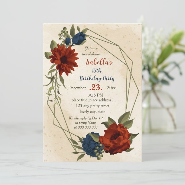 Invitación flores de la marina naranja quemada cumpleaños bot (Anverso de pie)