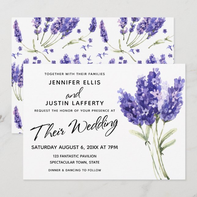 Invitación Flores de lavanda acuarela, boda elegante (Anverso / Reverso)