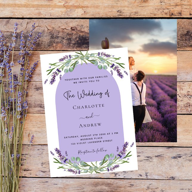 Invitación Flores de lavanda arca foto boda violeta (Subido por el creador)