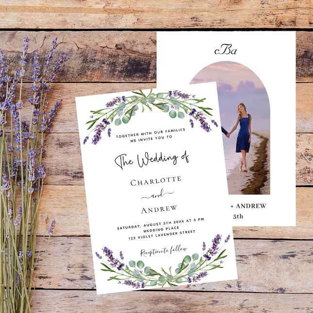 Invitación Flores de lavanda arco foto monograma boda (Subido por el creador)