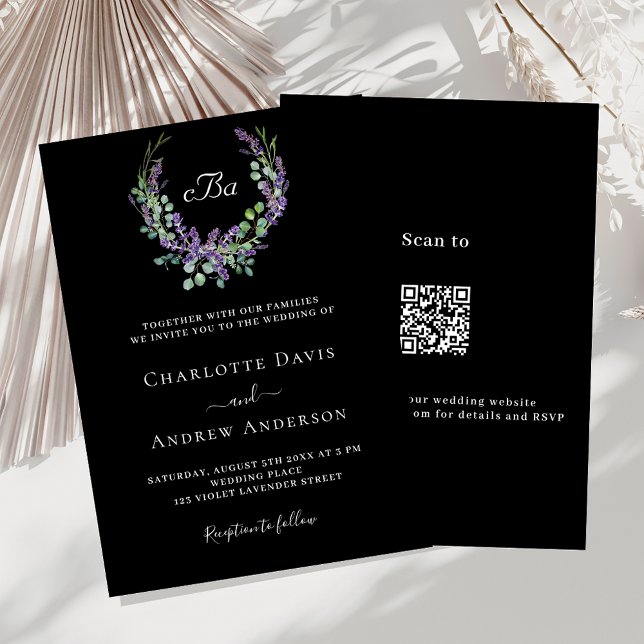 Invitación Flores de lavanda blancas negras Código QR boda RS (Subido por el creador)