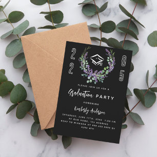 Invitación Flores de lavanda blancas negras Partido de Gradua