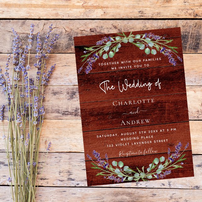 Invitación Flores de lavanda boda de madera marrón rústica (Subido por el creador)