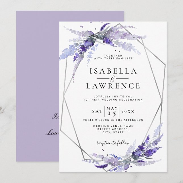 Invitación Flores de lavanda Boda de plata morada floral (Anverso / Reverso)