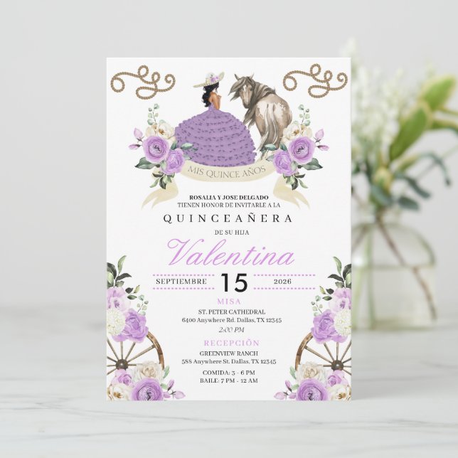 Invitación Flores de Lavanda Chorra Quinceañera Occidental (Anverso de pie)