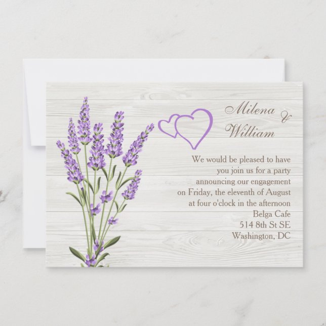Invitación Flores de lavanda, corazones en madera Partido de  (Anverso)