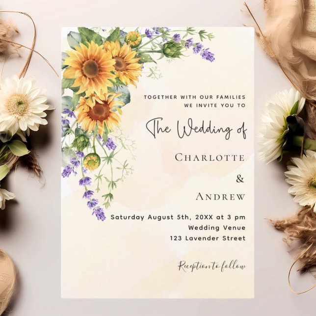 Invitación Flores de lavanda de girasol boda dorado (Subido por el creador)