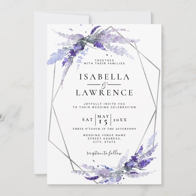 Invitación Flores de lavanda floral Boda de plata morada (Anverso)