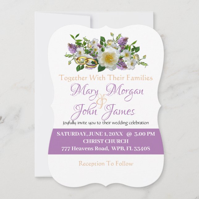 Invitación Flores de Lavanda Floral Oro y Blanco con Anillo (Anverso)