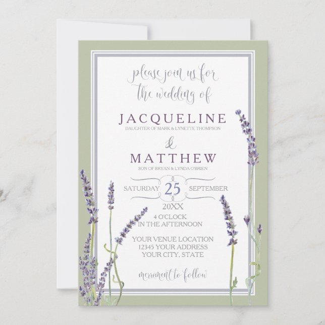 Invitación Flores de lavanda francesas con escritura moderna  (Anverso)