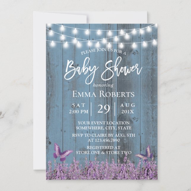 Invitación Flores de lavanda Mariposa Dusty Azul Baby Shower (Anverso)