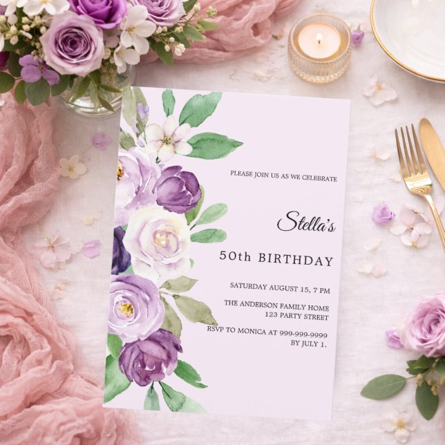 Invitación Flores de lavanda morada de cumpleaños con tonos r (Subido por el creador)