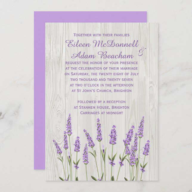 Invitación Flores de lavanda morada en Boda de madera (Anverso / Reverso)