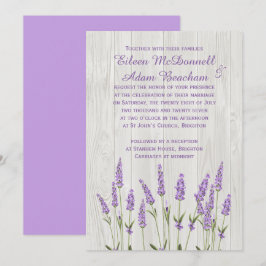 Invitación Flores de lavanda morada en Boda de madera