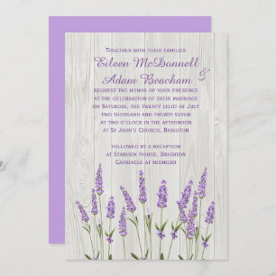 Invitación Flores de lavanda morada en Boda de madera