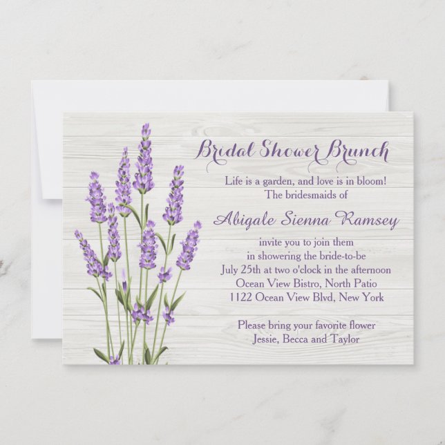 Invitación Flores de lavanda púrpura en madera Ducha de novia (Anverso)