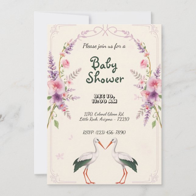 Invitación Flores de Lavander con Baby Shower de cigüeñas (Anverso)