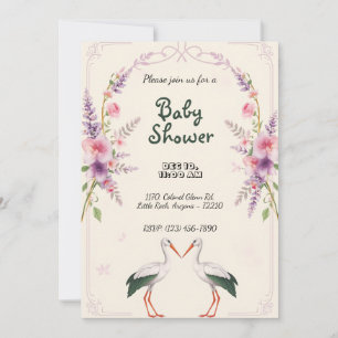 Invitación Flores de Lavander con Baby Shower de cigüeñas