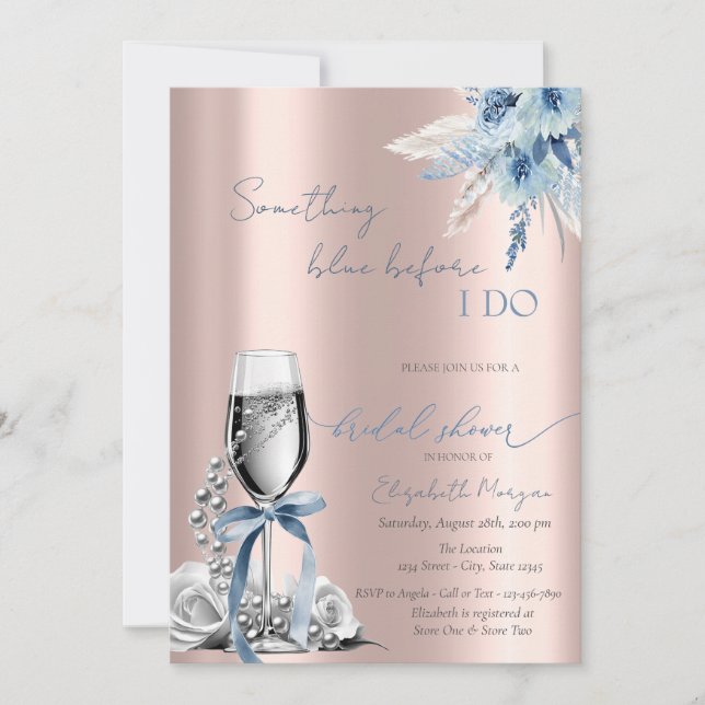 Invitación Flores de lazo azul Perlas y Prosecco Rosa Dorado (Anverso)
