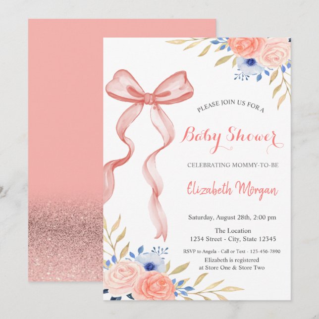 Invitación Flores de lazo de arco Bokeh Baby Shower (Anverso / Reverso)