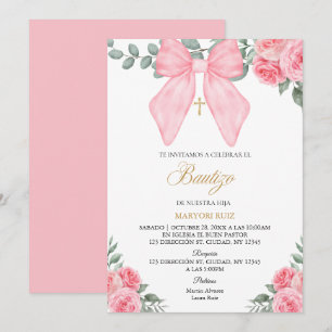Invitación Flores de lazo rosa español niña Bautizo