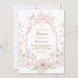Invitación flores de lazo rosa marco Bautizo