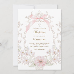 Invitación flores de lazo rosa marco Bautizo