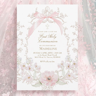 Invitación flores de lazo rosa marco Primera Comunión