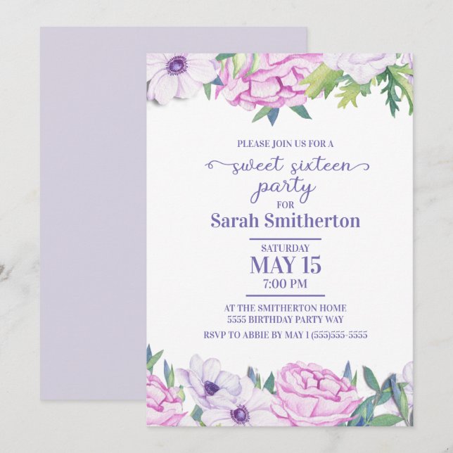 Invitación Flores de Lila Púrpura Fiesta de Cumpleaños Sweet  (Anverso / Reverso)