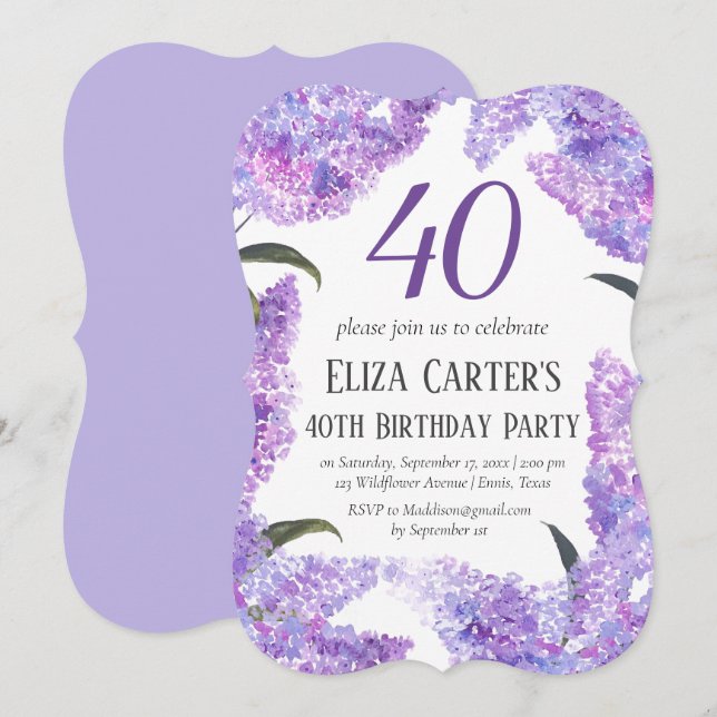 Invitación Flores de Lilac Púrpura 40 cumpleaños 40 elegante (Anverso / Reverso)