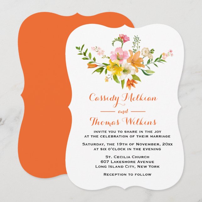 Invitación Flores de Lily Floral Rosa, Amarillo y Boda Naranj (Anverso / Reverso)