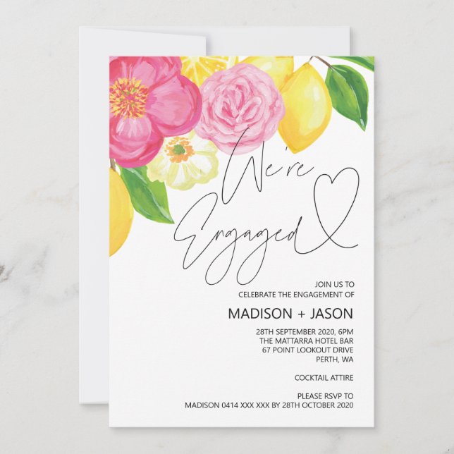 Invitación Flores de limón y rosa con las que estamos comprom (Anverso)