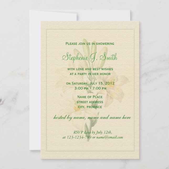 Invitación Flores de lirio blanco y elegante ducha de novia (Anverso)