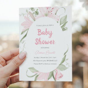Invitación Flores de lirio rosado Hojas verdes Baby Shower