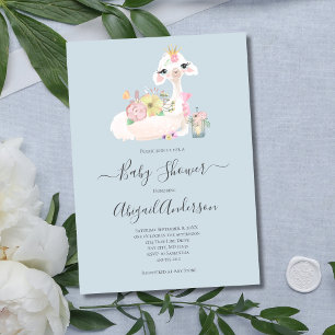 Invitación Flores de Llama Bebé Blanco Azul Shower de Bebé