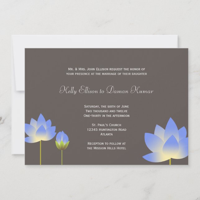 Invitación Flores de loto blanco azul boda gris pizarra moder (Anverso)