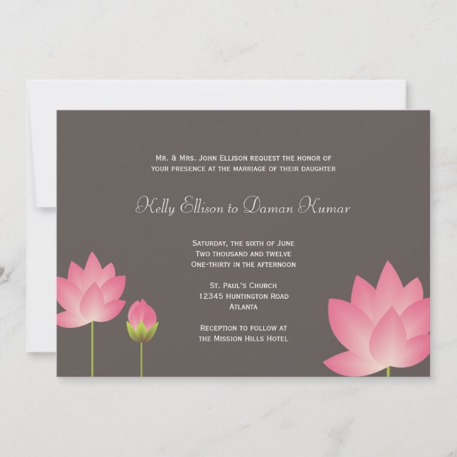 Invitación Flores de loto blanco rosado boda gris pizarra mod (Anverso)