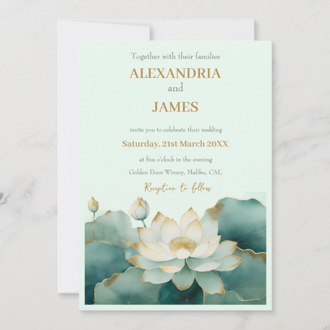 Invitación Flores de loto de boda con bordes dorados  (Anverso)