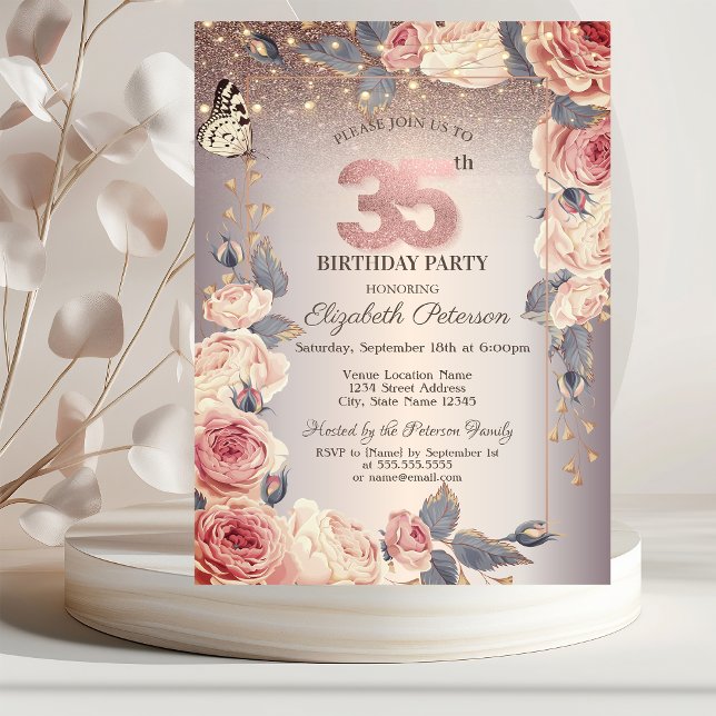 Invitación Flores de Lujo, Mariposa, Luces Cumpleaños 35 (Subido por el creador)
