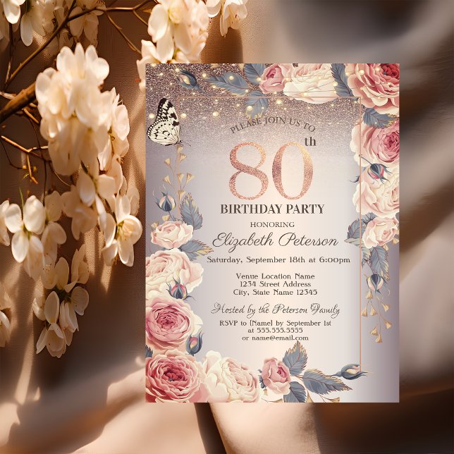 Invitación Flores de Lujo, Mariposa, Luces Cumpleaños 80 (Subido por el creador)
