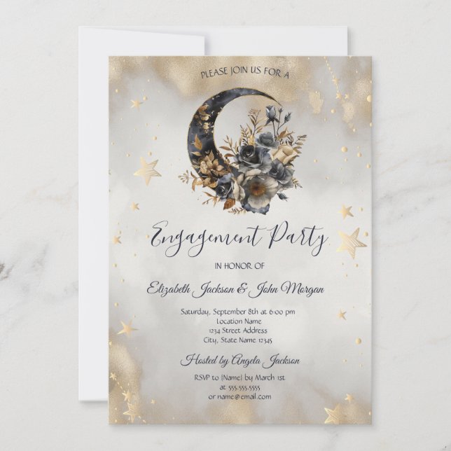 Invitación Flores de luna de las estrellas celestes de oro (Anverso)