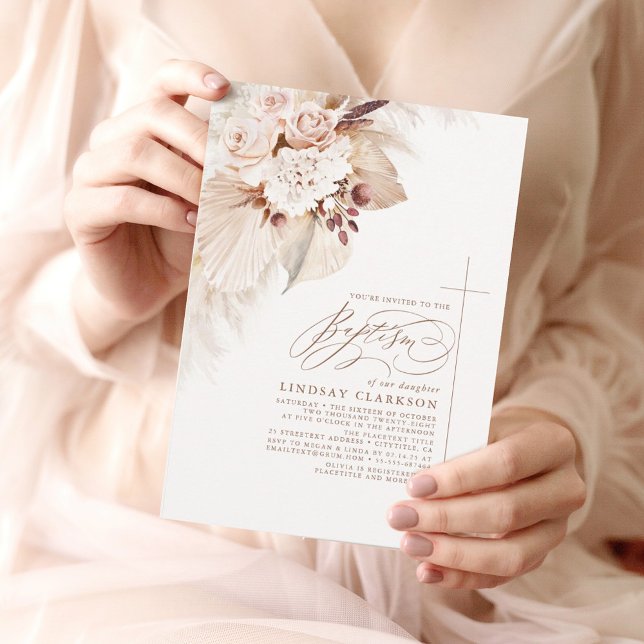 Invitación Flores de luz suave y bautismo de boho de pampas (Subido por el creador)