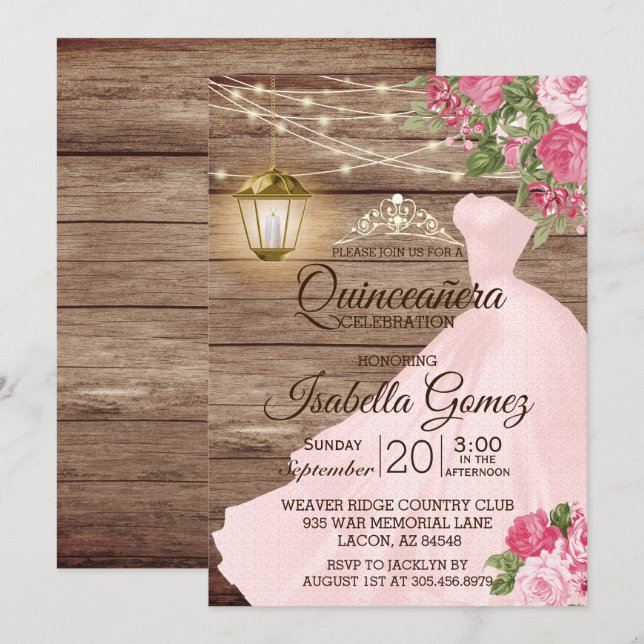 Invitación Flores de madera y malva rosa de Quinceañera (Anverso / Reverso)