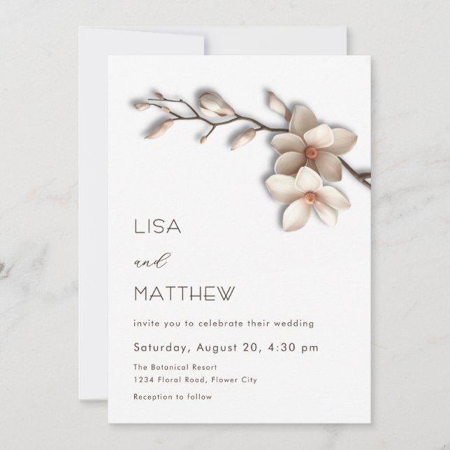 Invitación Flores de magnolia 3D para boda informal (Anverso)