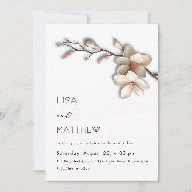 Invitación Flores de magnolia 3D para boda informal (Anverso)